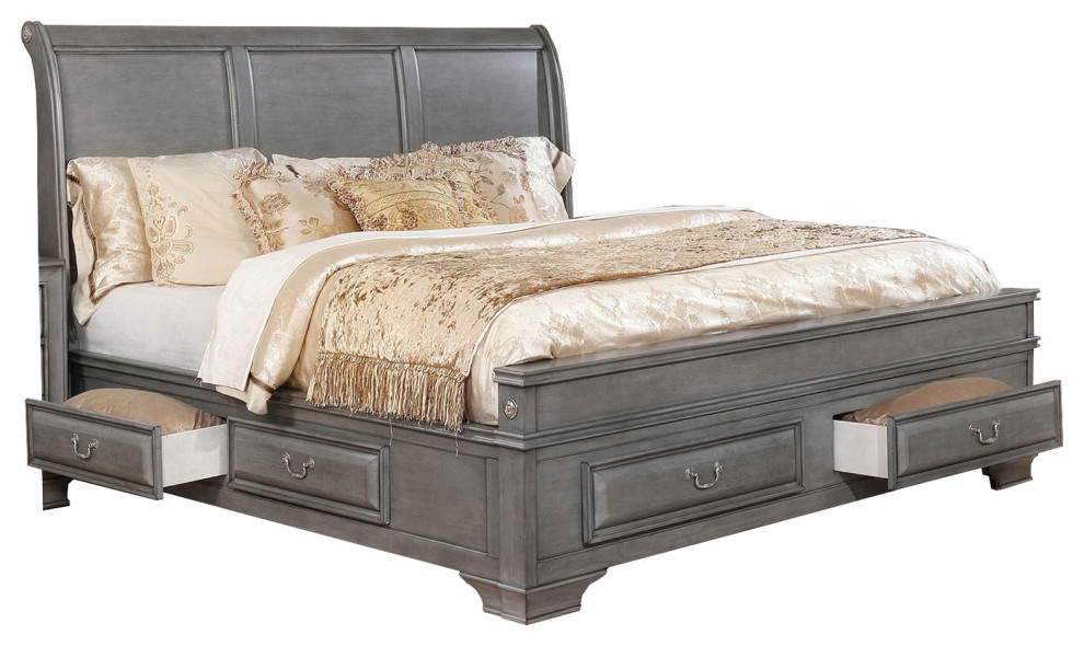 Benzara BM207575 Wooden Queen Size Bed with Spacious Storage Drawers, Gray