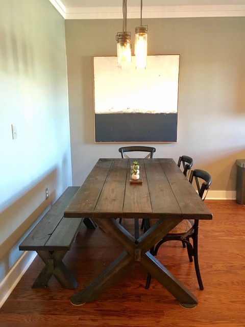Mid-sized urban medium tone wood floor and brown floor kitchen/dining room combo photo in Charlotte with green walls