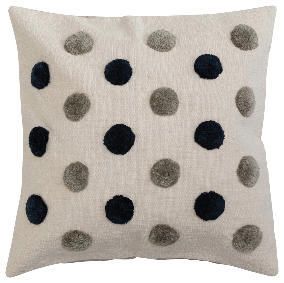 Cotton Tufted Pillow Cover with Dots and Chambray Back, Multicolor