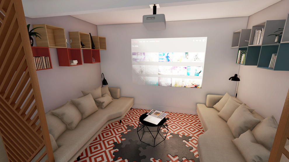 На фото: открытый домашний кинотеатр среднего размера в стиле модернизм с белыми стенами, полом из керамической плитки, проектором и красным полом
