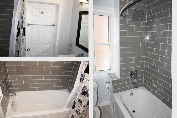 This is an example of a small modern bathroom in Toronto with grey tiles and ceramic tiles.