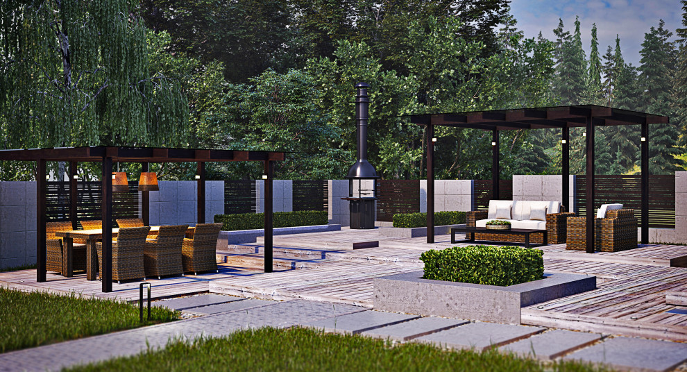 Проект ландшафтного дизайна с зоной патио в минималистичном стиле для Фахверка Д