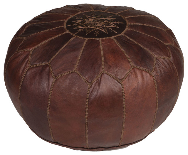 Brown Moroccan Leather Pouf Ottoman With Brown Stitching, Unstuffed
