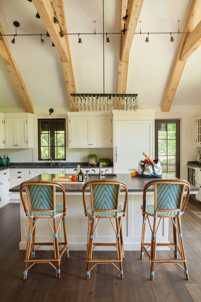 Design ideas for a country kitchen in New York with recessed-panel cabinets, white cabinets and panelled appliances.