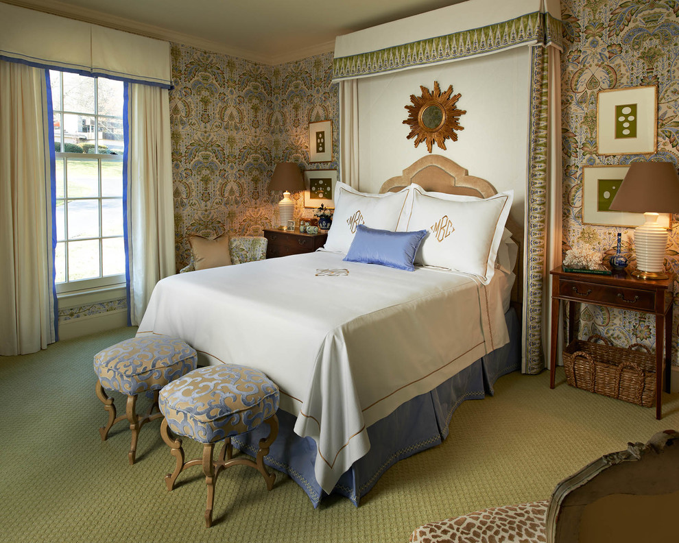 Inspiration for a traditional bedroom in Charlotte with multi-coloured walls, carpet and green floor.