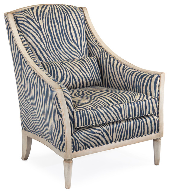 Lapira Hollywood Regency Blue Ivory Zebra Weathered White Wood Armchair