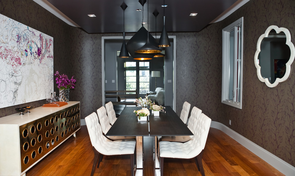 This is an example of a modern dining room in San Francisco with grey walls.