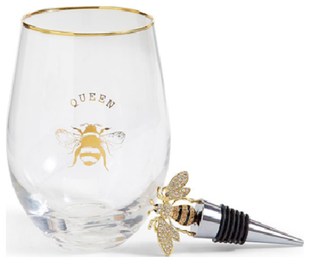 Two's Company Queen Bee Stemless Wine Glass w/ Jeweled Bee Wine Stopper ...