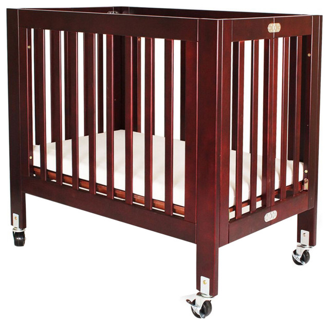 Benzara Foldable Wooden Crib with Slatted Details and Casters, Cherry