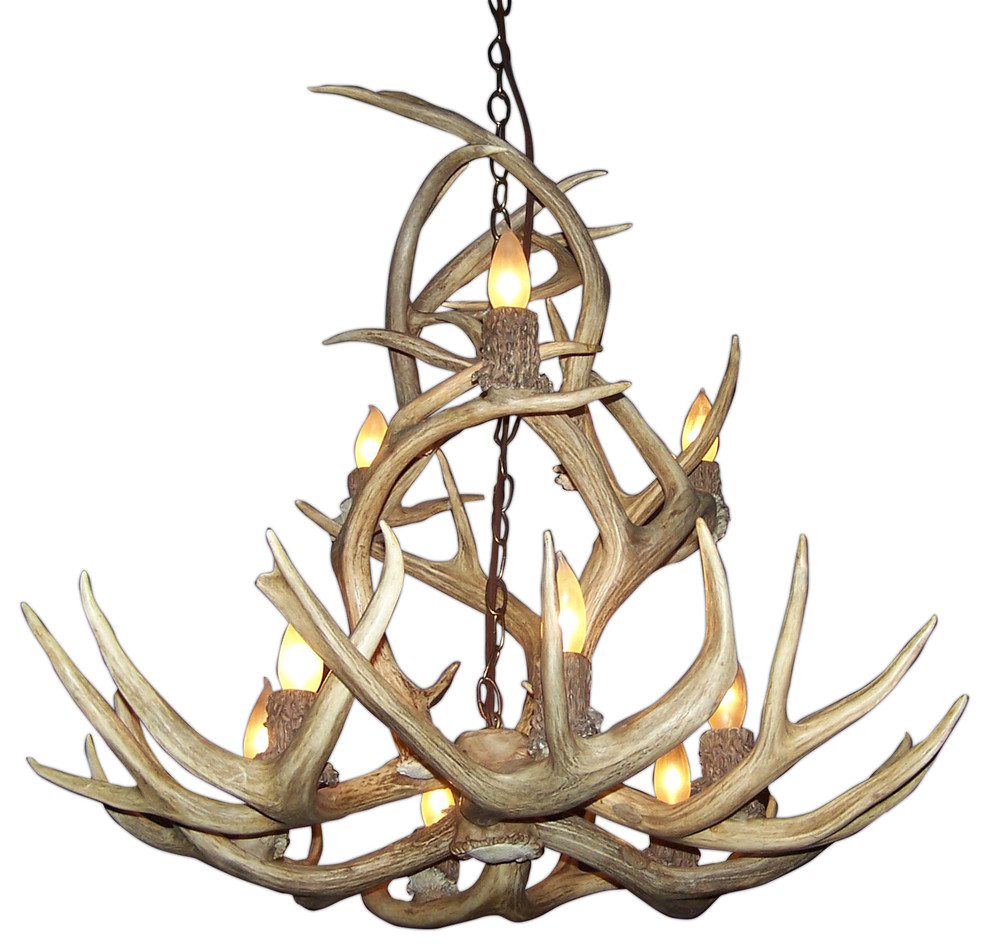 Real Shed Antler Mule Deer 9 Light Chandelier, With Parchment Shades