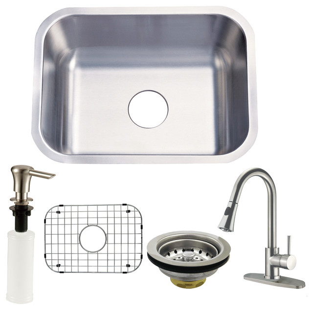 Undermount Single Bowl Kitchen Sink, Faucet Combo, Strainer, Grid Soap Dispenser Contemporary