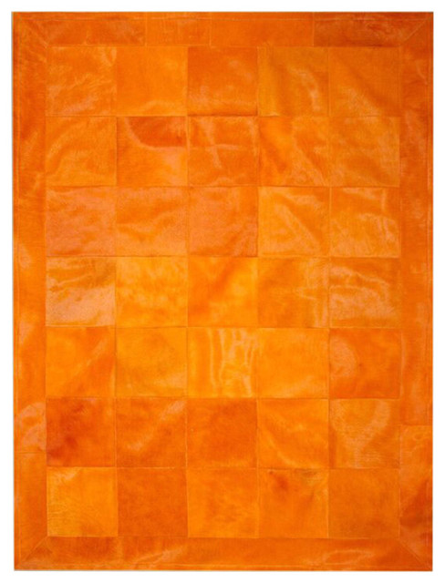 Patchwork Leather Cubed Cowhide Rug Plain Orange With Border