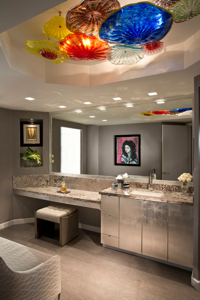 Bathroom - contemporary master bathroom idea in Miami with an undermount sink, flat-panel cabinets, gray cabinets and gray walls