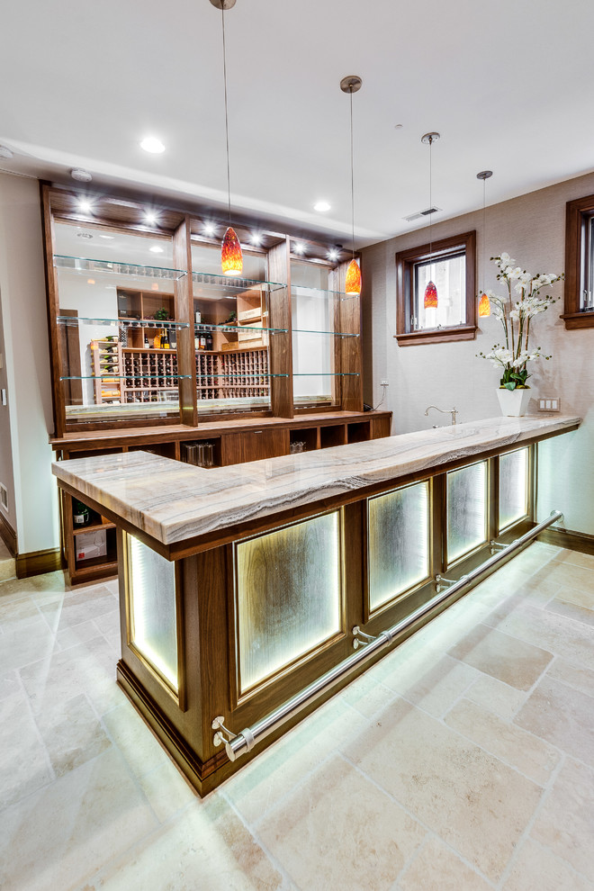 Design ideas for a large contemporary galley seated home bar in Chicago with open cabinets, medium wood cabinets, granite benchtops, mirror splashback, limestone floors and beige floor.