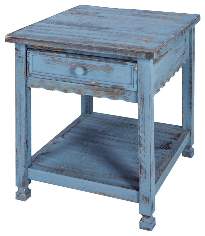 Country Cottage End Table, Rustic Blue Antique Finish Farmhouse