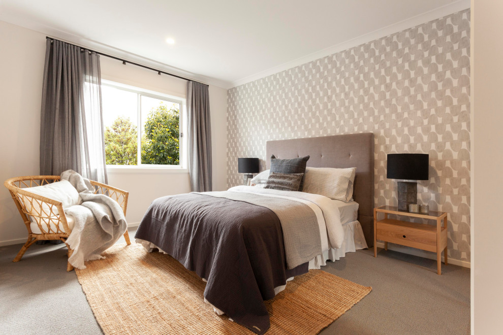 This is an example of a contemporary guest bedroom in Melbourne with carpet, grey floor and grey walls.