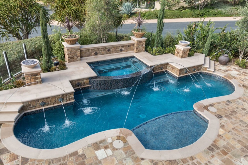Design ideas for a large transitional backyard custom-shaped pool in Orange County with natural stone pavers.