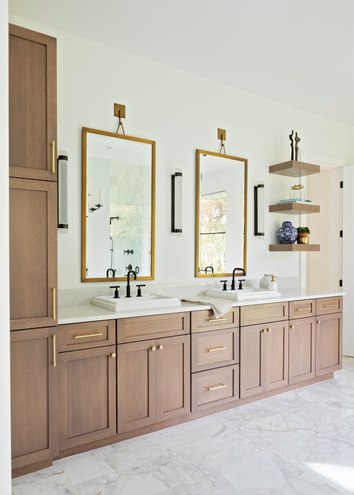 This is an example of an expansive transitional master bathroom in Orlando with shaker cabinets, white walls, marble floors, a vessel sink, white floor, white benchtops, a double vanity and a built-in vanity.