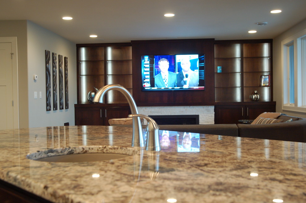 Transitional walk-out porcelain tile basement photo with gray walls, a ribbon fireplace and a stone fireplace