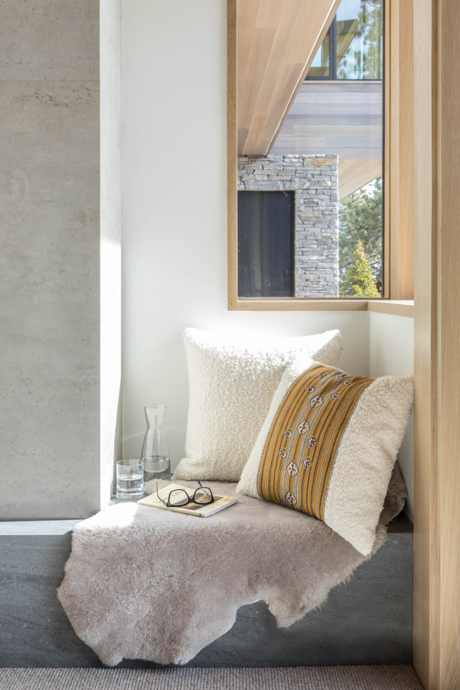 Inspiration for a mid-sized rustic guest carpeted, wood ceiling and wood wall bedroom remodel with white walls