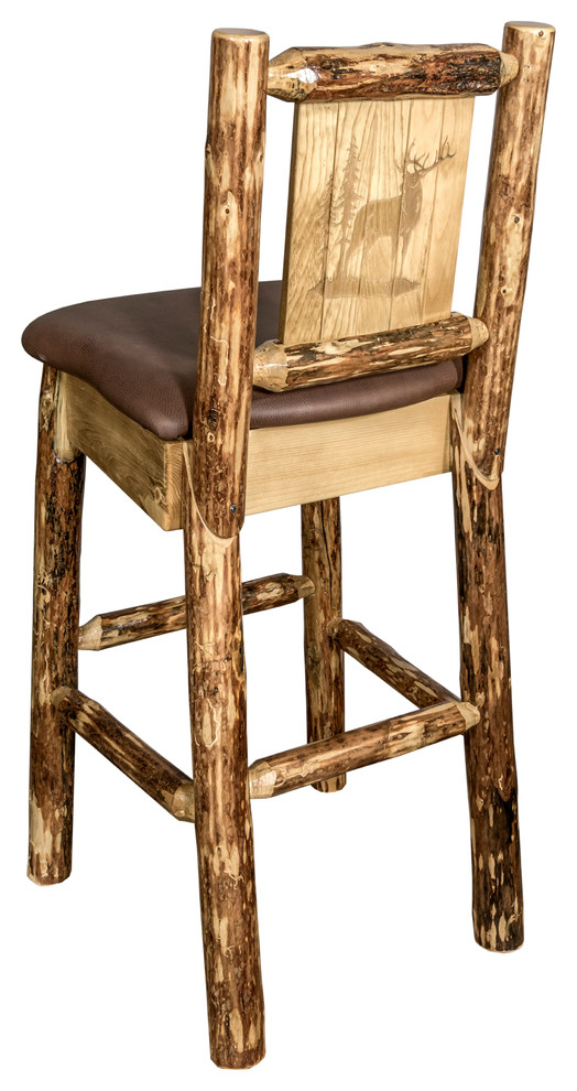 Montana Log Collection Wood Barstool In Stain And Lacquer MWGCBSWNRSADDLZELK