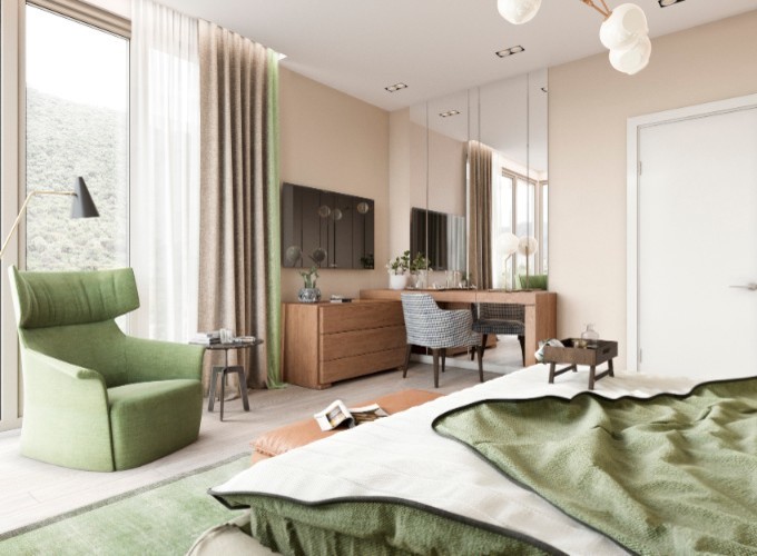 Современный интерьер загородного дома - спальня