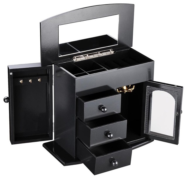 Jewelry Box Case Built In Mirror Ring Earring Necklace Organizer Storage Black