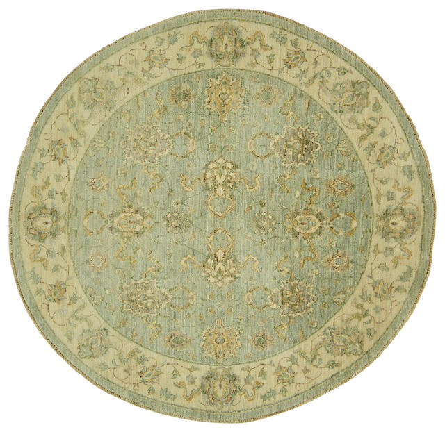 New Veg Dyed Mint Green Oriental Chobi 5' Round Hand Knotted Wool Area
