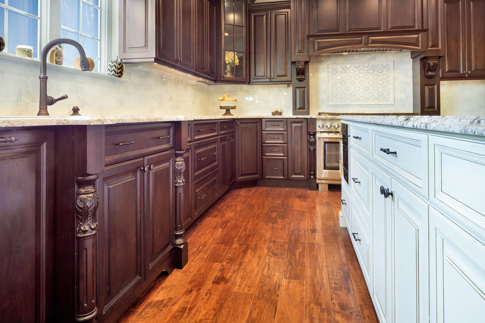 Dark Brown Kitchen with White Island - Traditional ...