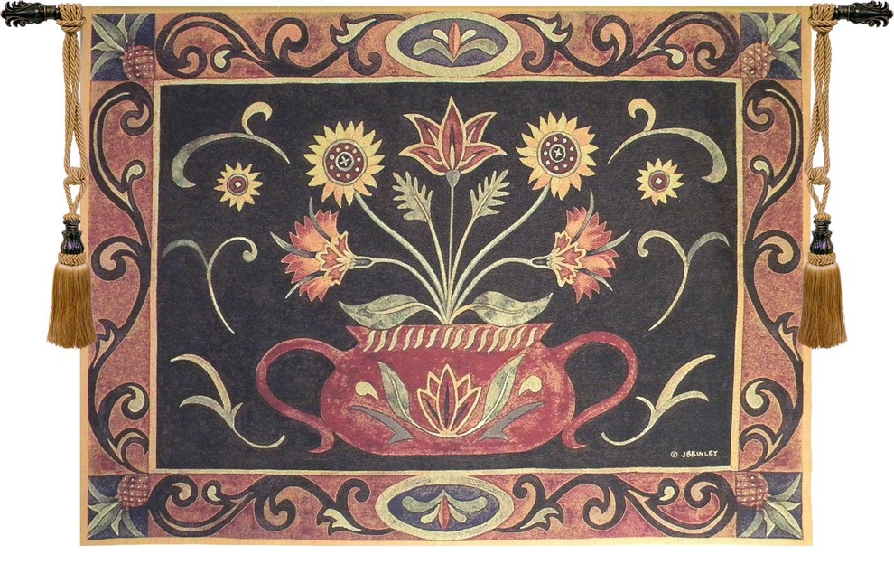 Folk Art Potted Flowers Tapestry Wall Hanging Farmhouse Tapestries