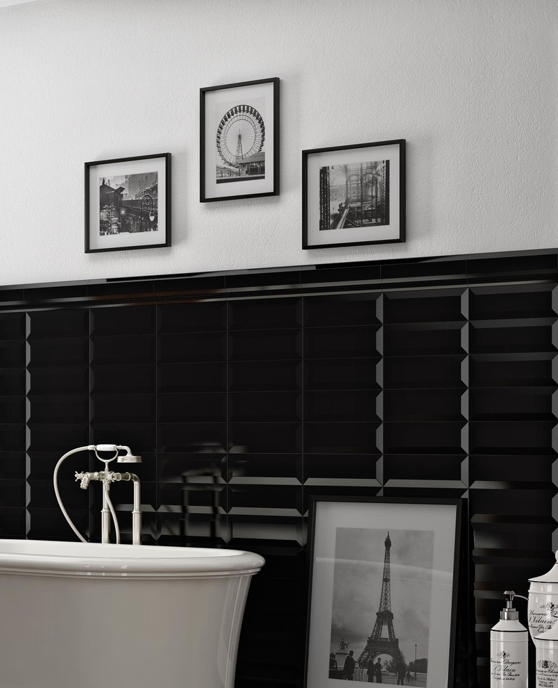 Example of an eclectic black tile and ceramic tile bathroom design