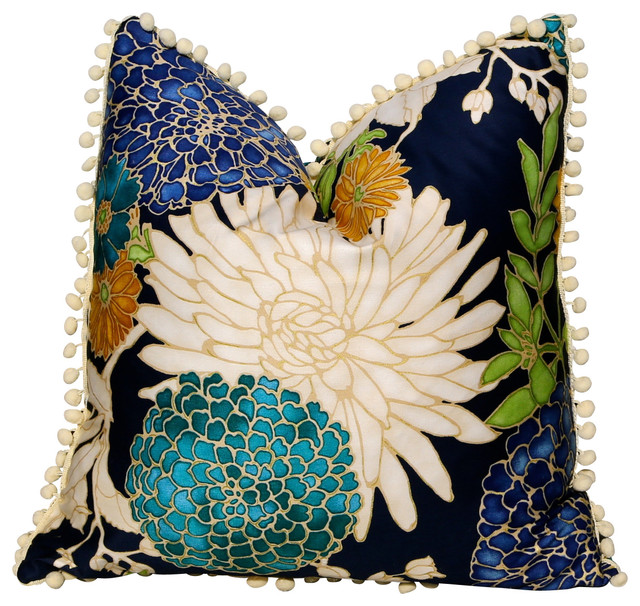 Cotton Pillow Flower Print And Off White Pompom Trim
