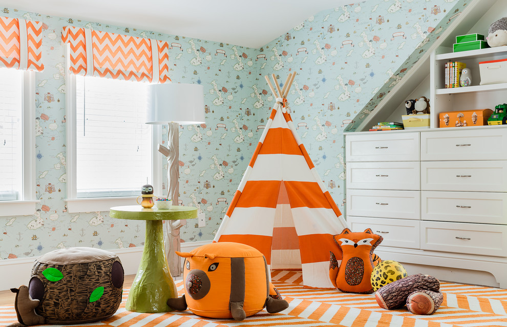 Design ideas for a large traditional kids' room for boys in Boston with multi-coloured walls, medium hardwood floors and brown floor.