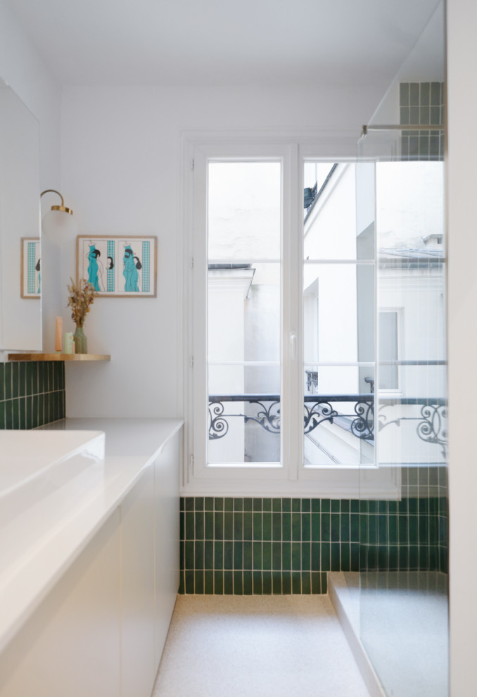 Design ideas for a small scandinavian shower room bathroom in Paris with flat-panel cabinets, beige cabinets, a built-in shower, green tiles, white walls, a built-in sink, beige floors, white worktops, a single sink and a floating vanity unit.