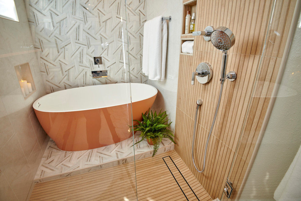Photo of a medium sized world-inspired ensuite wet room bathroom in Denver with white cabinets, a freestanding bath, a bidet, white tiles, marble tiles, multi-coloured walls, marble flooring, a trough sink, white floors, a hinged door, white worktops, a wall niche, double sinks, a floating vanity unit, a wallpapered ceiling and panelled walls.