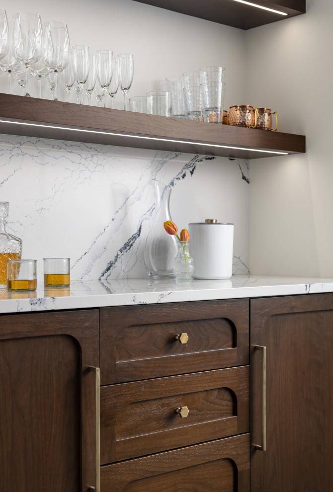 Inspiration for a medium sized traditional single-wall bar cart in Detroit with dark wood cabinets, white splashback, dark hardwood flooring, brown floors and white worktops.