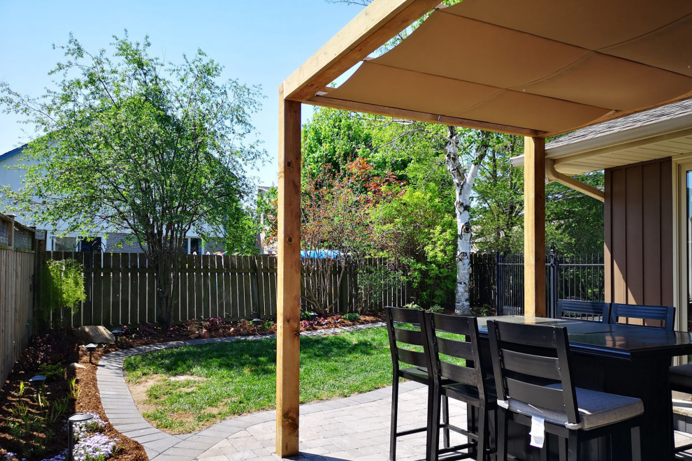 Photo of a midcentury backyard patio in Toronto with brick pavers and a pergola.