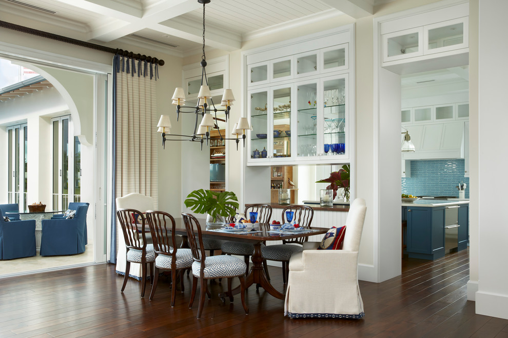 Design ideas for a tropical dining room in Miami with beige walls and dark hardwood floors.