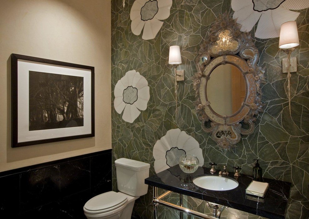 Large mountain style master bathroom photo in Austin with multicolored walls