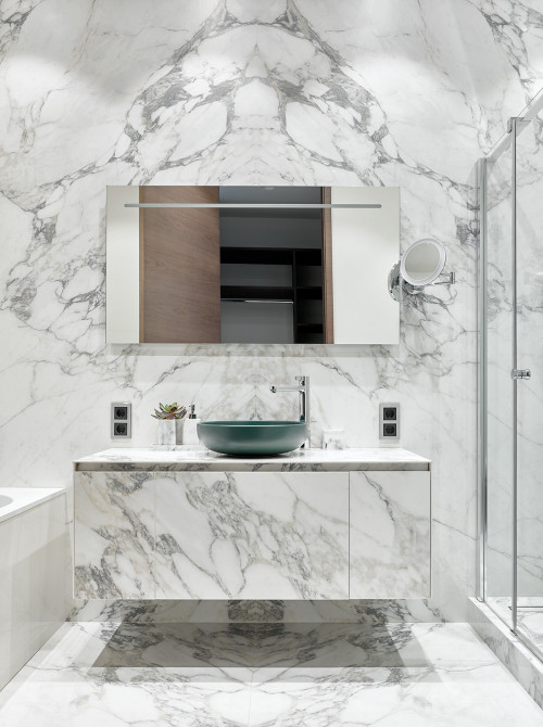 Contemporary Bathroom with Marble Vanity and Blue Vessel Sink