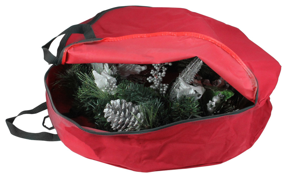 36" Heavy Duty Polyester Red and Black Zip Up Christmas Wreath Storage Bag