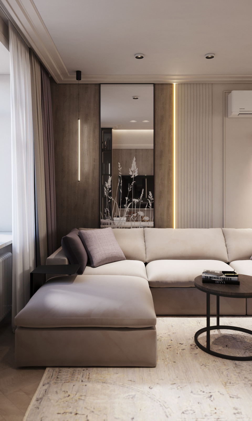 Диванная зона с камерным освещением и зеркальным панно