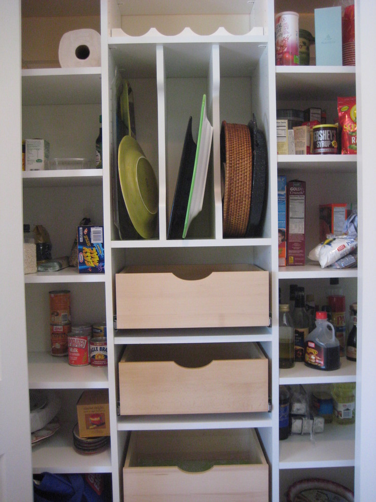 Inspiration for a small contemporary kitchen pantry in Other with open cabinets and white cabinets.