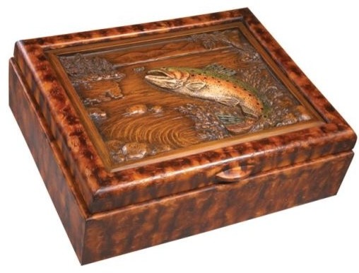 Box MOUNTAIN Lodge Fly Leaping Trout Fish Fishing Hinged Lid Chestnut