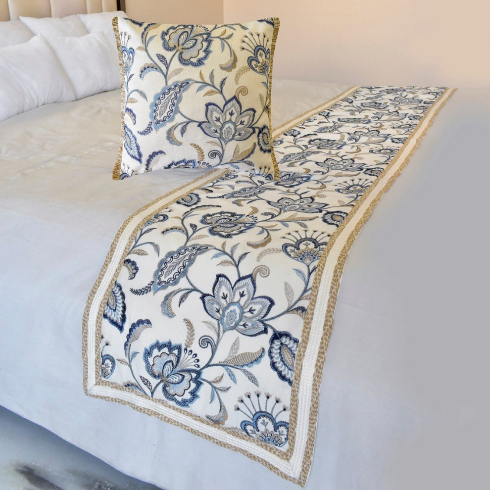 Designer Blue Cotton CA King 86"x18" Bed Runner, Floral Morning Glories
