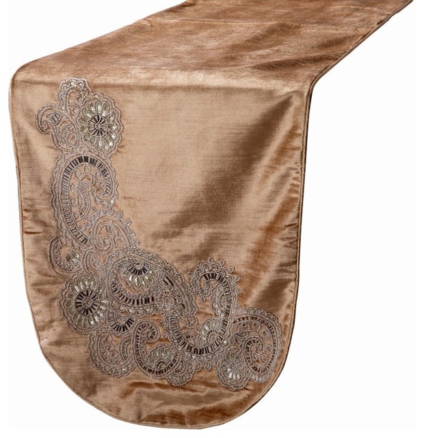 Velvet Table Runner Gold Fabric with Bead Embroidery 16" x 120"-Paisley Swirl