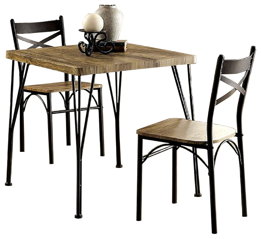 3 Piece Dining Table Set, Brown and Dark Bronze - Industrial - Dining