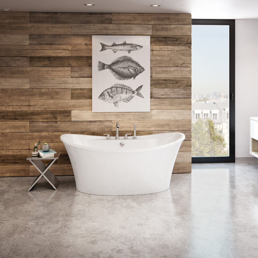 Large contemporary master bathroom in Montreal with a freestanding tub and brown walls.