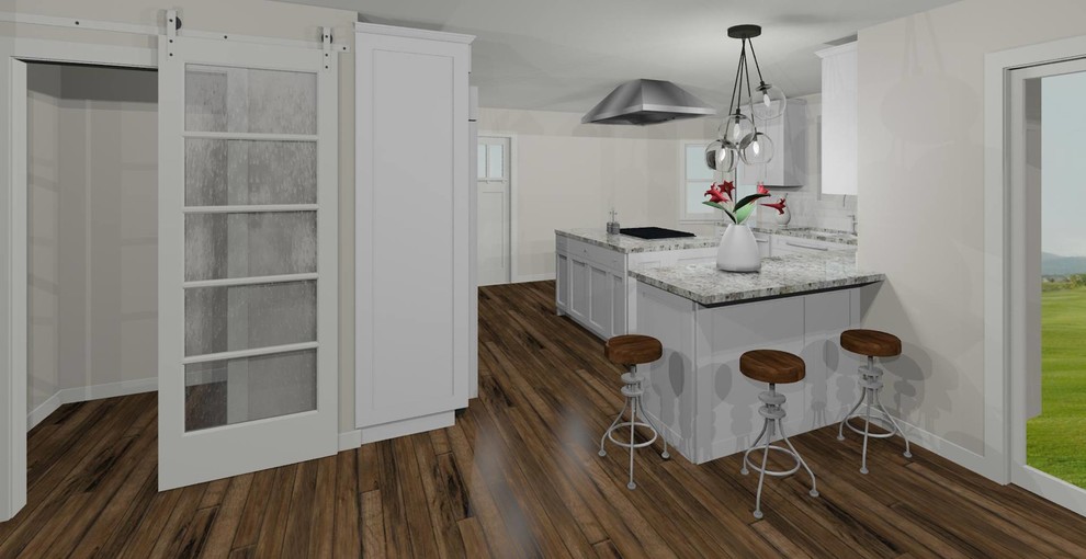 Inspiration for a large transitional dark wood floor enclosed kitchen remodel in Phoenix with an undermount sink, shaker cabinets, white cabinets, granite countertops, white backsplash, subway tile backsplash, stainless steel appliances and an island