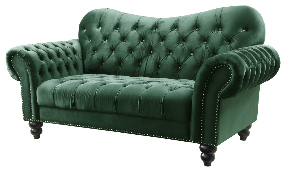76"x37"x39" Green Velvet Loveseat Traditional Loveseats by HomeRoots